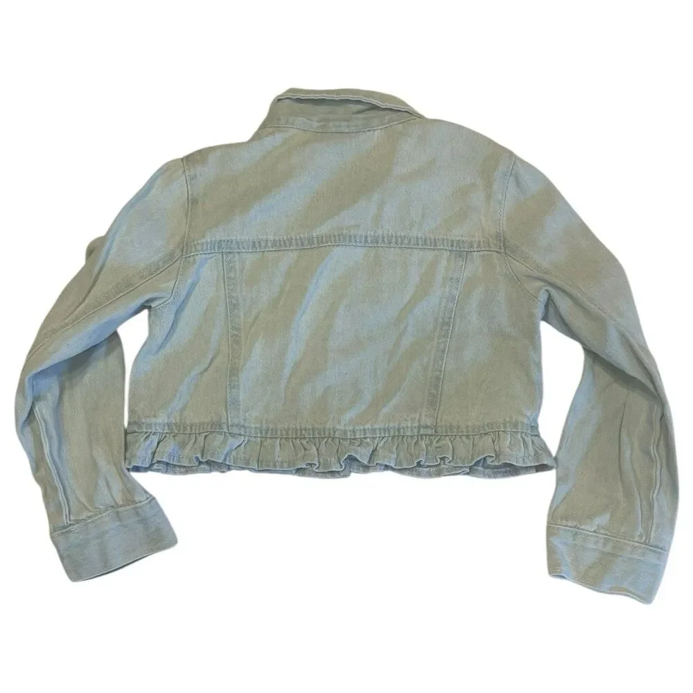 Girls Jean Jacket Size 4 Light Wash Floral Embroidered Ruffle Hem Cute Layer